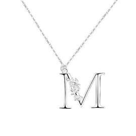 FIDWALL Letter Sterling Silver Necklace for Women - Adjustable 45cm+5cm Floral Design 925 Silver Jewelry, Unique Teacher, Mom,Nanny,Friend Gift with Flower Engraved Pendant (M)