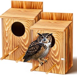 Memorywuu 2 Pcs Owl House Screech Owl Box for Outdoors 14.5 x 9 x 7.5 Wooden Carbonized Painted Wood Big Bird Prebuilt House Nesting with Mounting Screws and Manual(with Stand)