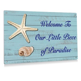 Funny Welcome to Our Little Piece of Paradise Beach Metal Tin Sign Wall Art Decor Rustic Beach Seashell Sign