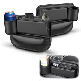 FASTAGEI Car Seat Gap Filler Organizer, Universal Premium Leather Seat Organizer, Seat Gap Storage Box with Bottle Holder, Car Leather Gap Bag Front Center Console Seat (Driver+Passenger 2 Pack)