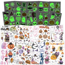 Qpout 14 Sheets Glitter Halloween Temporary Tattoos and 10 Sheets Glow in the Dark Tattoo Stickers for Kids,Cute Ghosts Pumpkin Fake Stickers for Halloween Makeup Trick or Treat Party Favor