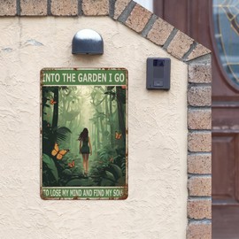 Boho Retro Tin Wall Art Funny Hippie Girl Bathroom Decor, Garden Gifts & Metal Signs; 8x12 inch for Office, Dining Room, Coffee Bar - 'Into The Garden I Go To Lose My Mind And Find My Soul'