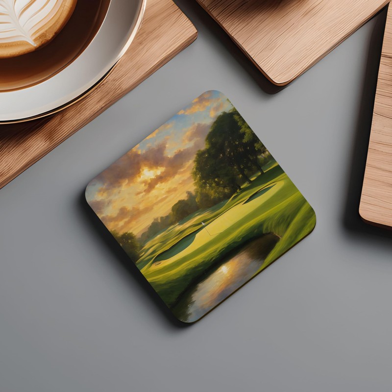 Golf Art Coaster Set, 4 x 9cm Glossy Wood Coffee