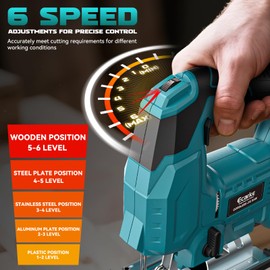 Jig Saw Compatible With Makita 18V Battery, Cordless Jigsaw Tool 3000RPM With 6 Variable Speeds Control, 4 Orbital Sets, ±45° Bevel Cuts, LED Light and 6PCS Blades For Cutting (Excluding Battery)