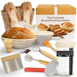 Sourdough Bread Making Kit – 20 PCS Starter Set with Fermentation Jar, Oval & Round Bannetons, Danish Whisk, Silicone Mat, Bread Lame & Online Recipe Book