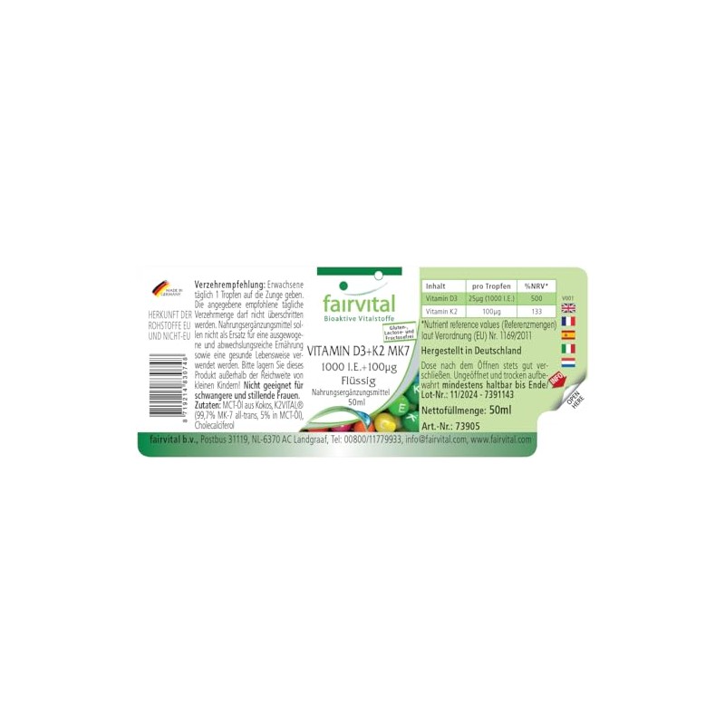 Fairvital Vitamin D3+K2 Drops - 50 ml - All-Trans MK7