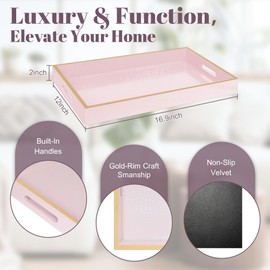 MAONAME Faux Leather Tray, Rectangular Serving Tray with Handles, Pink Decorative Trays for Coffee Table, Shagreen Ottoman Trays for Living Room, Office, 17" x 12"