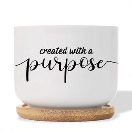 DecStic Created with A Purpose Planters Ceramic Bible Verse Round Plant Pot with Drainage Holes and Bamboo Tray Pot for Pots Outdoor Indoor Plants