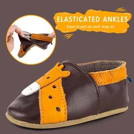 LACOFIA Baby Soft Leather Shoes Anti-Slip Soft Infant Boys Girls Slipper Crib Shoes First Walkers Brown Deer 12-18 Months
