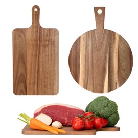 JJUNW 2 Pcs Wood Cutting Board with Handle, Acacia Decorative Wooden Serving Board Cutting Boards Set for Kitchen Charcuterie Cheese Chopping Meat Fruit Pizza Bread Baking (Round & Rectangle)
