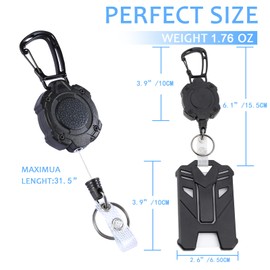 XAMEHA ID Badge Holder with Heavy Duty Retractable Clip and Clear Card Window, Tactical Retractable Carabiner Keychain and Ring, Retractable ID Holder with 31.5IN Steel Cord, Bearing 9oz-Black