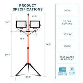 PARMIDA LED Dual-Head Work Light, 6ft Adjustable Tripod Stand, 20,000 Lumen, 200W, UL Approved Power Cord, Durable Aluminum Body, IP65 Waterproof, Foldable Stand, Multi-Directional & Detachable Heads