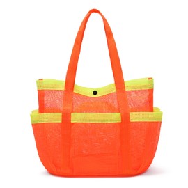GQIRIL Mesh Beach Bag for Women - Beach Tote, Foldable Waterproof Sandproof Storage Bag with 6 Pockets, Swim Tropical Vacation Pool Essentials for Kids Family Swimmers Travel Cruise (Orange)