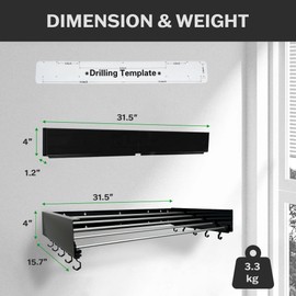 Zetez Wall Mounted Laundry Drying Rack, Retractable & Foldable, 31.5" Wide, 13.2 Linear Ft, 5 Heavy-Duty Aluminum Rods, 60 lb Capacity, Space-Saving Design, Easy Installation, Indoor/Outdoor (Black)