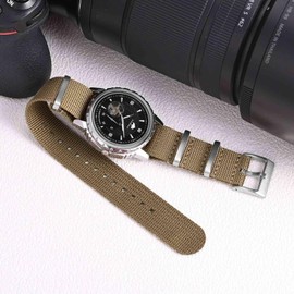 BISONSTRAP Nylon Watch Straps for Men, One-Piece Military Watch Bands, 22mm, Khaki Tan (Silver Buckle)
