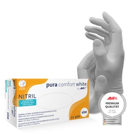 AMPri Puracomfort Nitrile Gloves, White, Pack of 100, Size S, Powder-Free, Disposable Nitrile Gloves in Sizes XS, S, M, L, XL