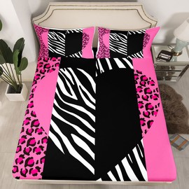 Manfei Leopard Sheet Set Full Size, Love Heart Bed Sheet Set 4pcs with Deep Pocket Fitted Sheet + Flat Sheet + 2 Pillowcases, Black White Pink Leopard Zebra Print Bedding Set for Kid Girls Room Decor