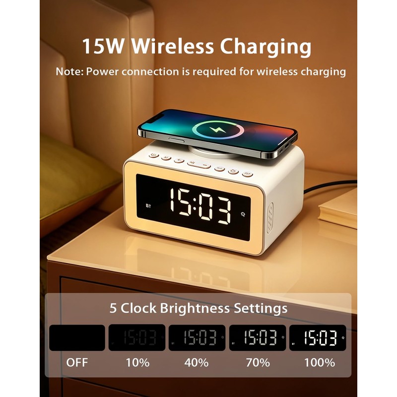 BYH Digital Alarm Clock for Bedroom, 15W Fast Wireless Charging