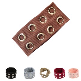HORNEDI Hollow Eyelet Elastic Headband,Studded Headband Punk Style Rivet,Eyelets Elastic Stretchy Casual Hair Accessory (1Pcs Chestnut, Adjustable)