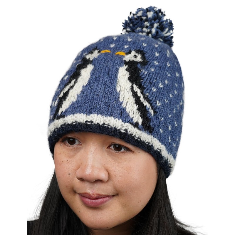 Pachamama Women Wool Bobble Beanie Hat Handknitted Penguin Design Multicoloured