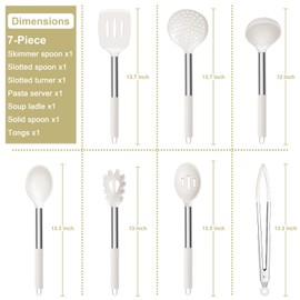 E-far Silicone Cooking Utensils Set, 7 Pcs Heat Resistant Kitchen Utensils with Stainless Steel Handle, Slotted Turner, Spoon, Soup Ladle, Pasta Server, Skimmer, Tongs for Nonstick Cookware, White