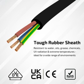 Heavy Duty Flexible Rubber Power Cable, 3 Core, 1.5mm² / 2.5mm², H07RN-F, Indoor/Outdoor Use - Various Lengths (3 Core, 2.5mm² (3G2.5), 4m)
