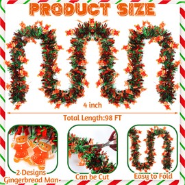 XunYee 98 ft Christmas Gingerbread Man Tinsel Garland Decorations Red Green Metallic Twist Garland Holiday Shiny Wire Ornament for Xmas Festival Home Mantle Fireplace Indoor Outdoor Party Decor