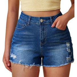 GOBLES Women's Summer Casual Mid Waist Denim Shorts Stretchy Ripped Distressed Jean Shorts Dark Blue