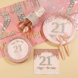20Sets 21st Party Supplies Paper Disposable plates Cups Napkins Plastic Forks Knives Spoons Tablecloth Serve 20 Guests for Women 21st Birthday Party Wedding Graduation