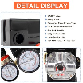 Air Compressor Pressure Switch, 90-120 psi Pressure Switch for Air Compressor, Heavy-Duty 4-Way Pressure Switch with 0-180 PSI Air Compressor Regulator,Safety Valve & ON/OFF Lever