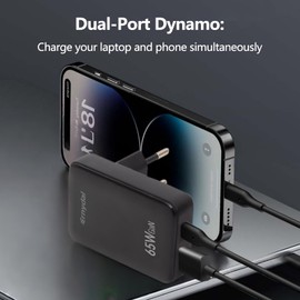 USB-C Charger, 65W GaN Power Supply with Flip Plug, Dual Port Fast Charger for Laptops, Tablets, Mobile Phones, Black