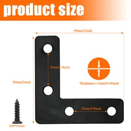 Waziaqoc 20 PCS 2 x 2 Inch Black L Bracket, L Right Angle Flat Corner Bracket (50 x 50mm), Flat Mending Plates Brace for Wooden Frames, Repairment, with Screws