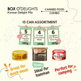 BOX O'DELIGHTS Korean Canned Food Mix – Hot Pepper Tuna, Kimchi, Luncheon Meat