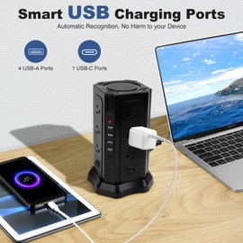 Surge Protector Tower, Power Strip Tower with USB Ports, 16.5FT Extension Cords with Multiple Outlets, 12 AC Outlets 5 USB Ports (1 USB C) Charging Tower with Surge Protection for Kitchen Dorm Office