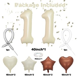 11 Cream White Balloons with Neutral Star Heart Design for 11th Birthday Party or 1st Baby Shower Decorations