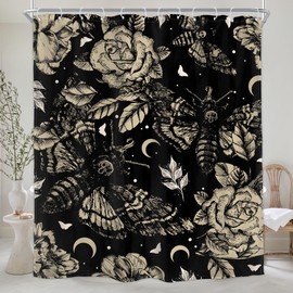 Homewelle Extra Long Gothic Moth Skull Shower Curtain Black Mysterious Butterfly Flowers 72Wx78H Inch Vintage Floral Retro Leaves Moon Night Starry Stars Waterproof Polyester Fabric Bathroom Bathtub