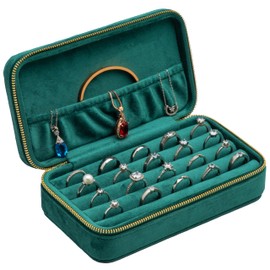 COWFEX Velvet Multiple Ring Box Jewelry Organizer Display Tray with Zipper Around, Ring Holder Earring Case for Wedding Birthday Christmas Valentine Day (Green)