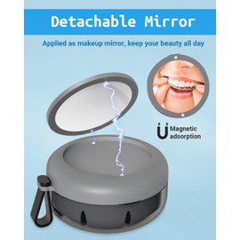 Denture Bath Case, Denture Cup, Leak Proof Portable Retainer Case, Denture Cleaning Kit with Cleaner Brush, Denture Box with Strainer & Mirror, Denture Case for Aligner Retainer Mouth Guard (Gray)