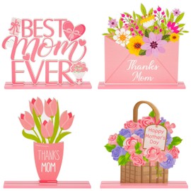 Mother's Day Tabletop Centerpiece Sign - Haooryx 4Pcs Happy Mother's Day Table Topper Centerpiece Sign Best Mom Ever Detachable Indoor Decoration for Mother's Day Birthday Party Home Decor Supplies