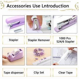 Office Supplies Set,Desk Accessories,Stapler And Tape Dispenser Set,Pen Holder,1000 Staples,Staple Remover,Hinder Clips,Ruler,Scissor,Index Tabs,Clear Tape,Ballpoint Pen,Sticky Notes,Coworkers(Purple)