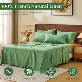 MEISHANG 100% French Pure Linen Sheets Queen Size - Bed Sheets 4 Piece Sets, Soft Durable Flax Linen, Anti-Tear Breathable Moisture Wicking with 16" Deep Pocket (Sage Green)