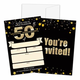 Qinkel 50th Anniversary Invitations, Black Gold Glitter Star Theme Party Invitations for Women & Men, 20 Invitations With 20 Envelopes