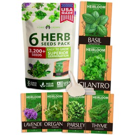 HOME GROWN 6 Herb Seeds Variety Pack – Plant an Indoor or Outdoor Herb Garden: Basil, Lavender, Cilantro, Parsley, Thyme and Oregano Seeds – 3200+ Non-GMO Heirloom Herb Seeds – Bonus Markers
