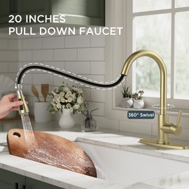 QFN Gold Kitchen Faucet with Pull Down Sprayer, High Arc Single Handle Single Level Stainless Steel Pull Out Sink Faucet for Farmouse Camper RV Bar, Fit for 1 or 3 Hole