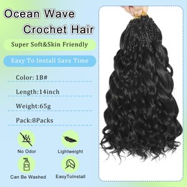 FLWAI Pre Looped Ocean Wave Crochet Hair 14 Inch 8 Packs Boho Style Hair Extensions Short Curly Crochet Hair Pre Twisted Synthetic Deep Wavy Curly Braiding Hair for Women (1B)