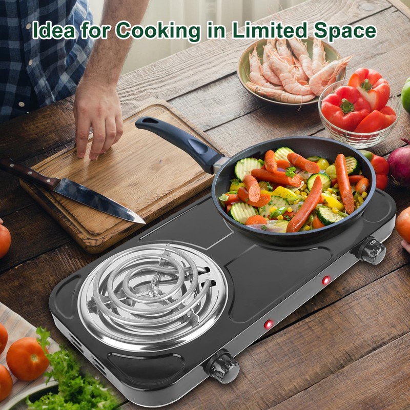 Double Burner Cooktop, 2000W Portable Electric Stove, 5 Level Temperature