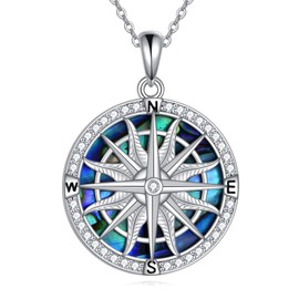 VONALA Compass Necklace Sterling Silver Cubic Zirconia Compass Pendant Necklace Abalone Shell Compass Jewellery Graduation Gifts for Women Girls Her, Sterling Silver, Cubic Zirconia