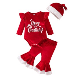 Kunyeah 3PCS Baby Girl Christmas Outfits My 1st Christmas Clothes Infant Velvet Romper Tops+Bell Bottoms Pants +Xmas Hat (Red, 12-18 Months)