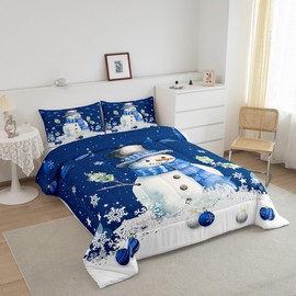 Homewish Cute Snowman Comforter Set King Size,Merry Christmas Quilt Set 3Pcs Xmas Bells and Snowflake Bedding Set for Kids Boys Girls Teens Room Decor Cartoon Blue White Duvet Insert,2 Pillowcases