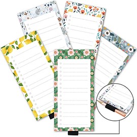 5 Pack Magnetic Lemons Bloom Daisy Scandi Notepads for Fridge with Pen Holder, 6" x 3", 50 Sheets, Magnet Memo Pad for Fridge, Locker, File Cabinet, to Do List, Grocery Shopping